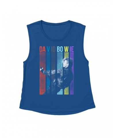 David Bowie Ladies' Muscle Tank Top | Colorful Bowie With Guitar Design Shirt $13.18 Shirts