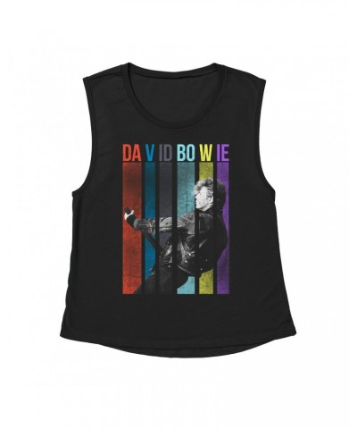 David Bowie Ladies' Muscle Tank Top | Colorful Bowie With Guitar Design Shirt $13.18 Shirts