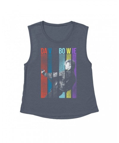 David Bowie Ladies' Muscle Tank Top | Colorful Bowie With Guitar Design Shirt $13.18 Shirts