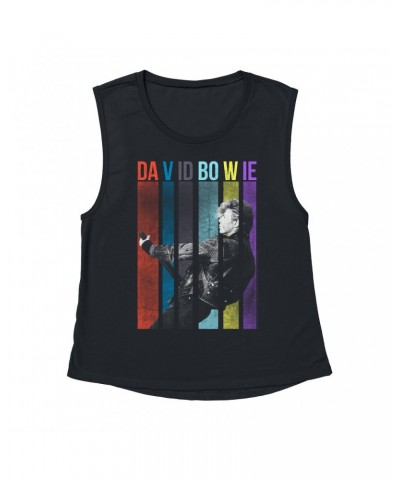 David Bowie Ladies' Muscle Tank Top | Colorful Bowie With Guitar Design Shirt $13.18 Shirts